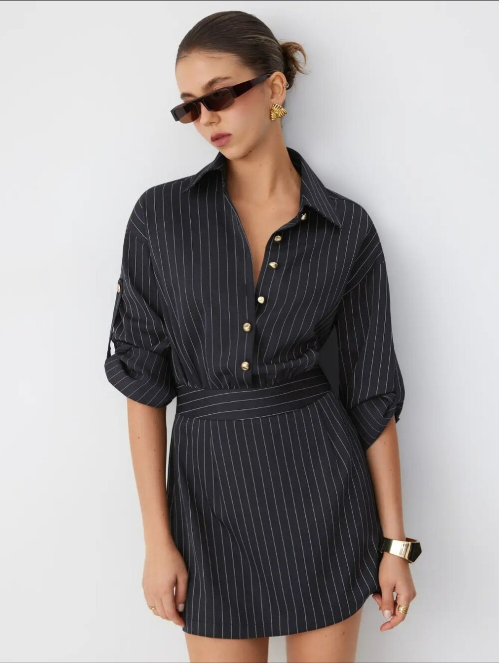 Cider Pinstripe Gold-Button Shirt Dress